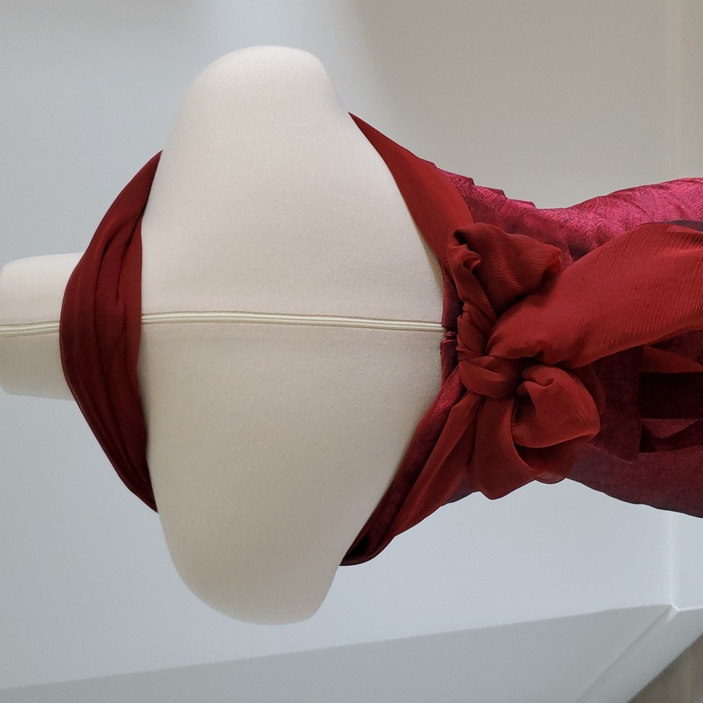 Carmen Marc Valvo Burgundy Strapless Cocktail Dress with Sheer Scarf - Picture 6 of 13